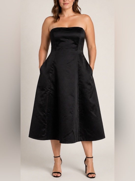 BCBGMaxAzria Dresses & Skirts - BCBGMAXAZRIA Black Satin Midi Fit & Flare Strapless Cocktail Dress Size 12